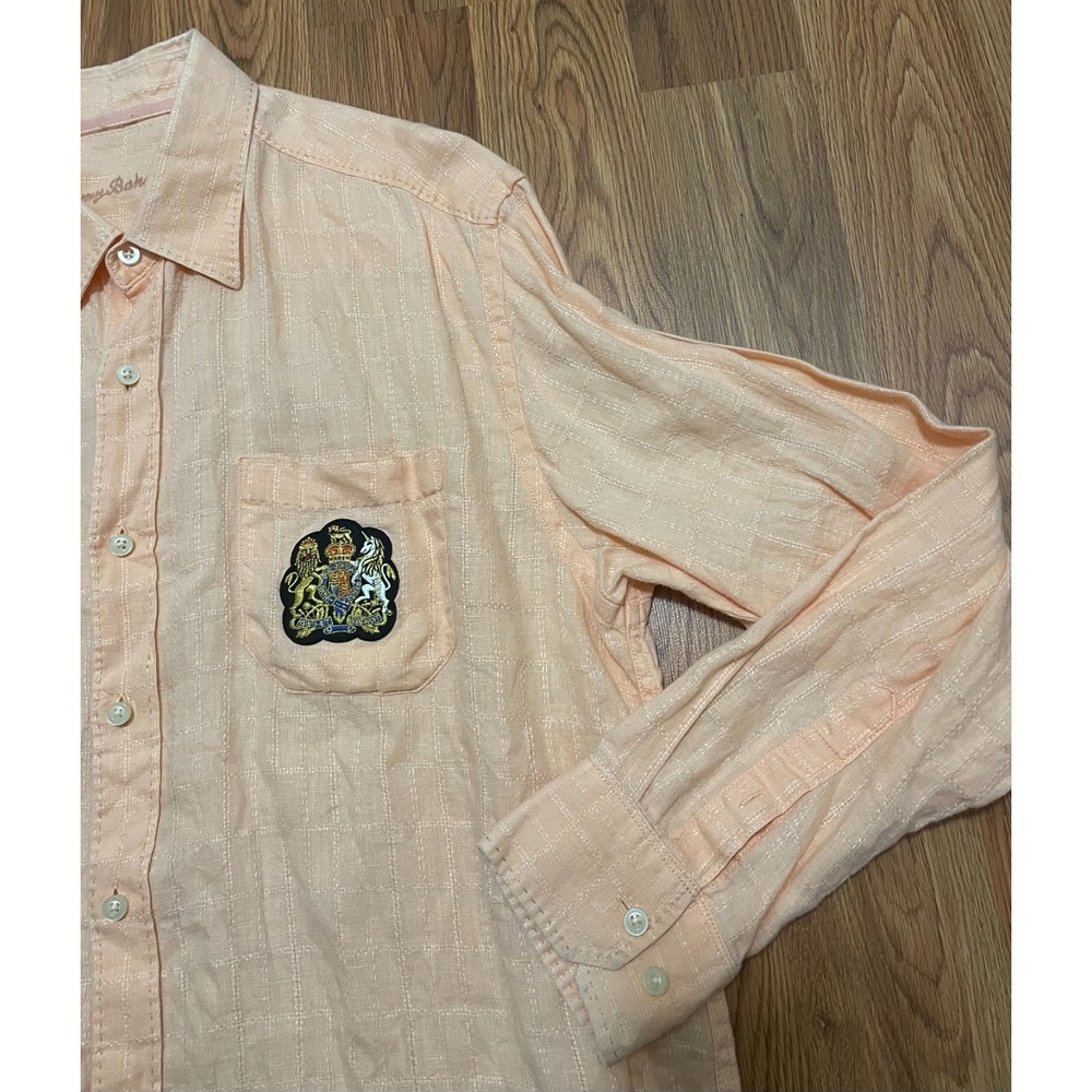 Tommy Bahama Shirt Mens Large Linen Woven Button Front Crest Patch - Picture 5 of 10